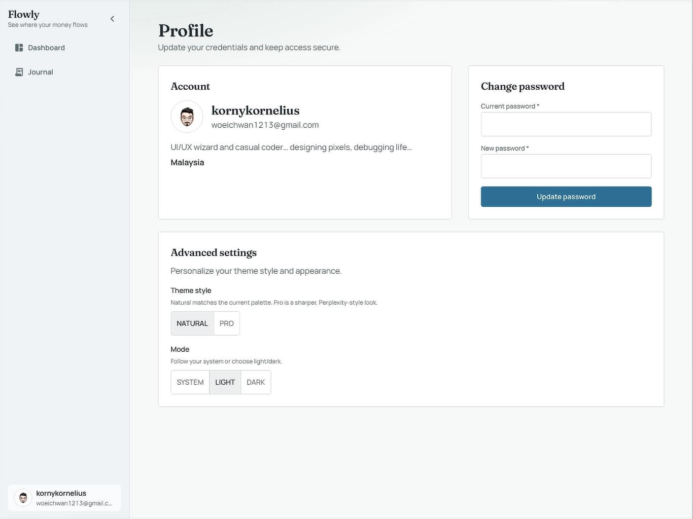 Flowly Personal profile configuration
