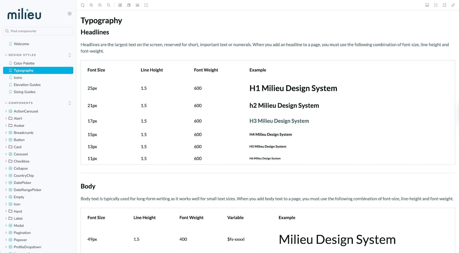 Milieu Typography - Storybook